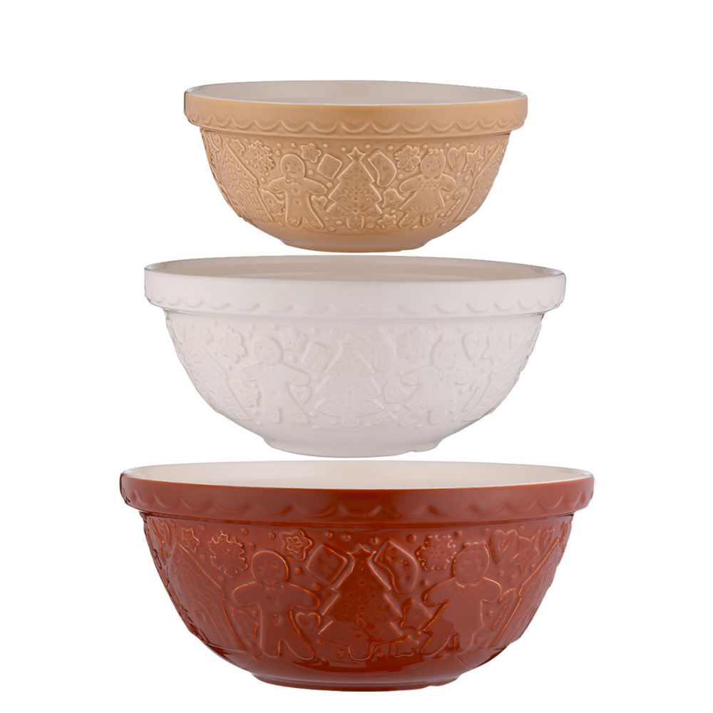 Mason Cash Gingerbread Lane 3-Piece Mixing Bowl Set | Cane, Cream, & Ginger