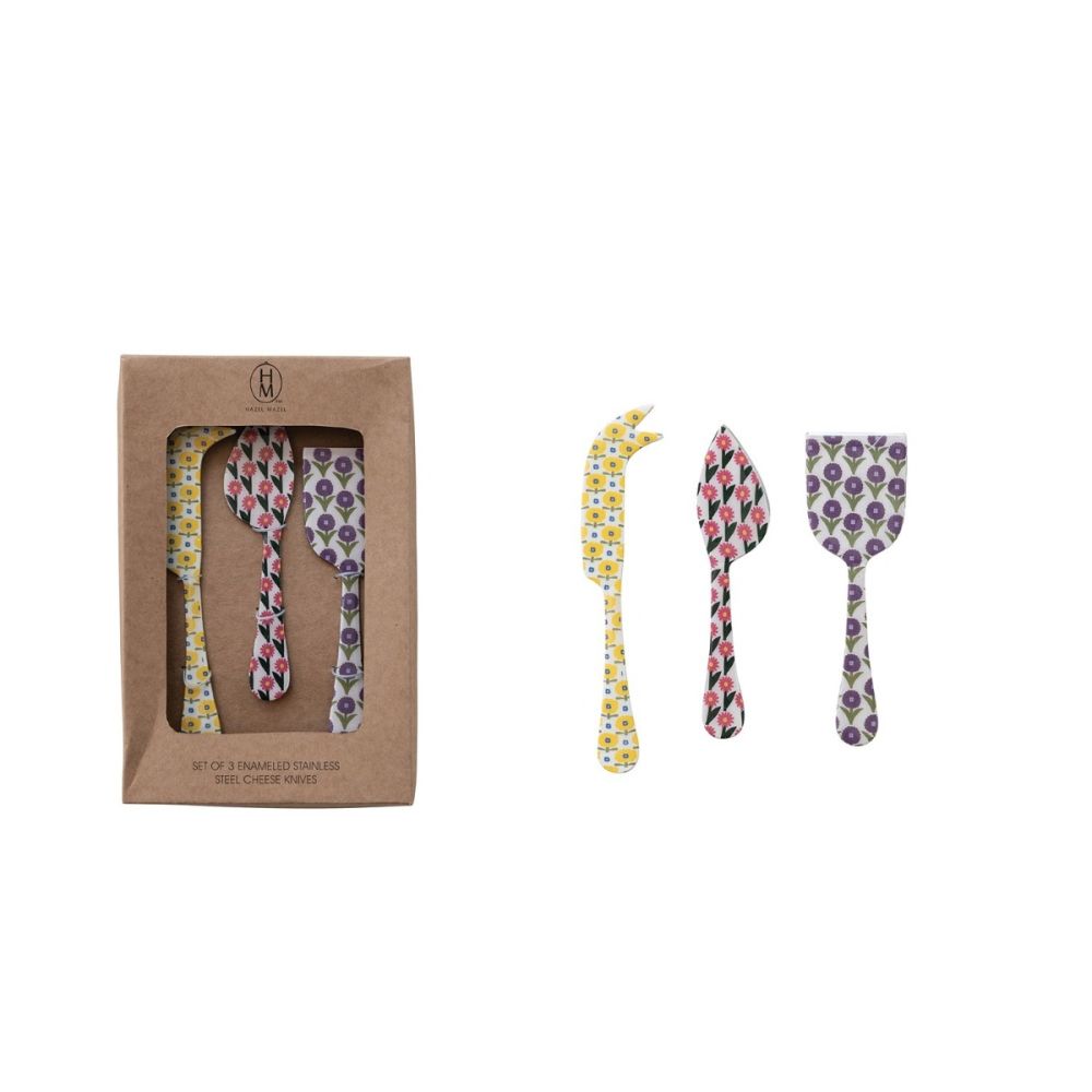 Hazel Mazel 7  Enameled Stainless Steel Cheese Knives (Set of 3) | Flower Pattern - Additional view