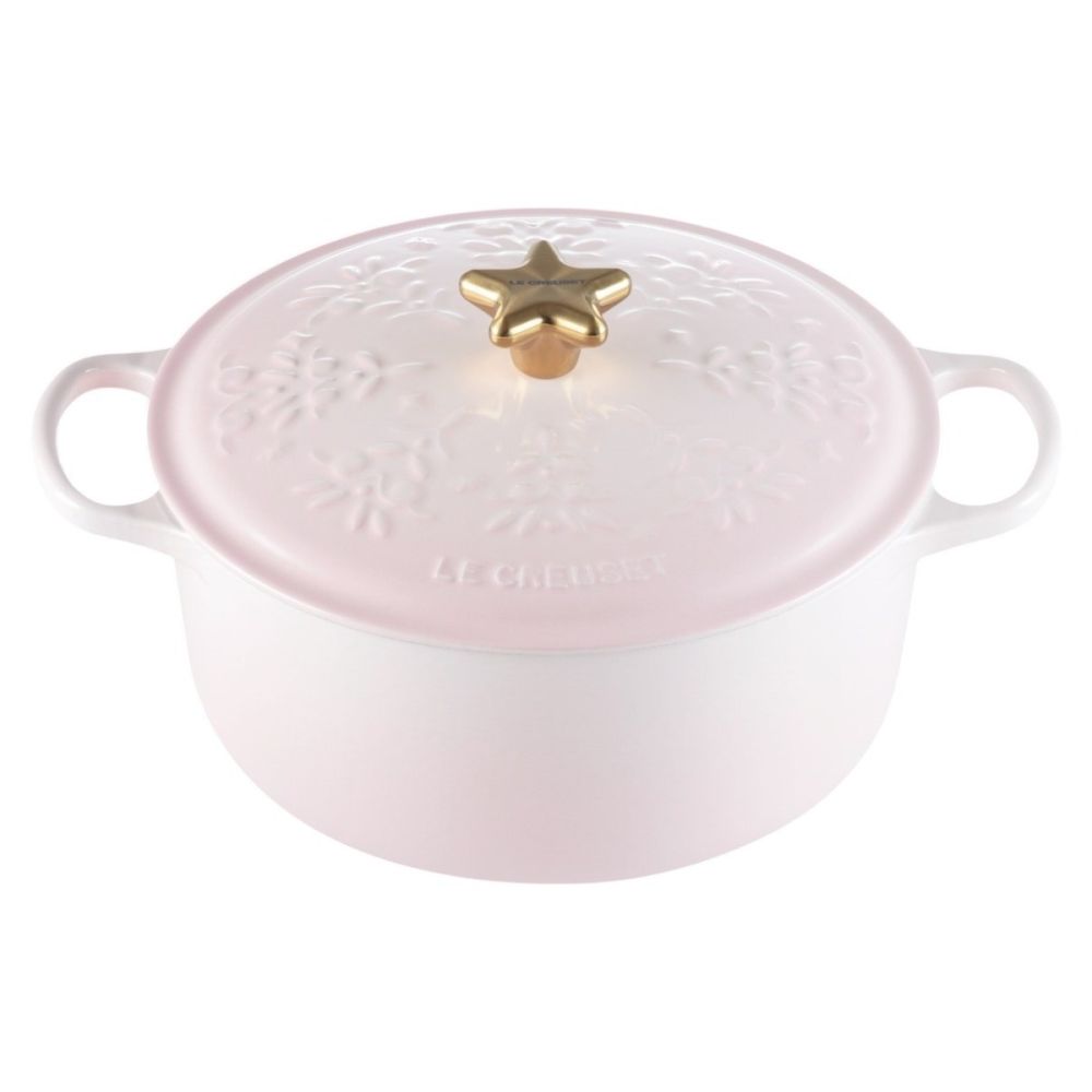 Le Creuset Signature Holiday Tree 4.5 Qt. Round Dutch Oven with Gold Star Knob | Shell Pink