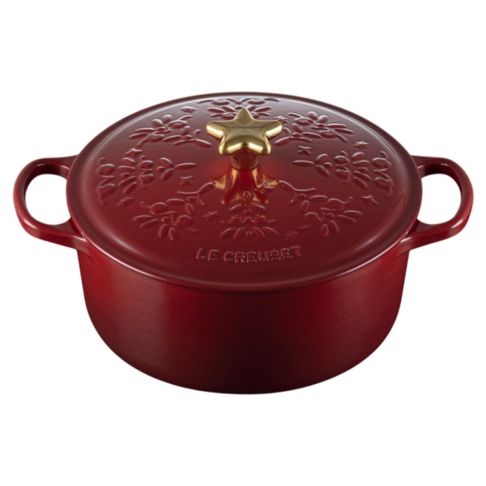 Le Creuset Signature Holiday Tree 4.5 Qt. Round Dutch Oven with Gold Star Knob | Garnet
