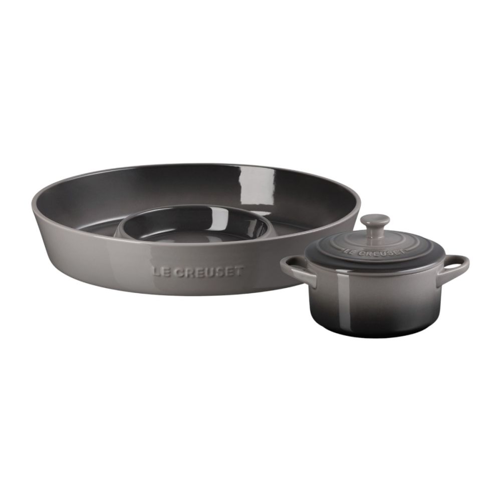 Le Creuset Oval Chip and Dip & 24oz Round Mini Cocotte Set | Oyster