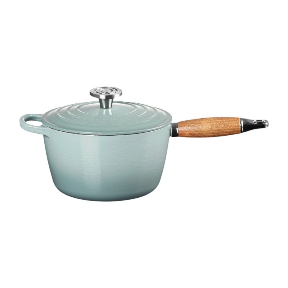 Le Creuset Alpine Signature Round Wood Handle 2.25 Qt. Saucepan with Crucible Stainless Steel Knob | Sea Salt
