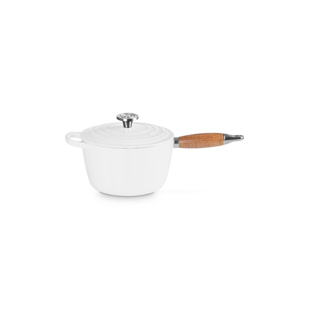 Le Creuset Alpine Signature Round Wood Handle 2.25 Qt. Saucepan with Crucible Stainless Steel Knob | White